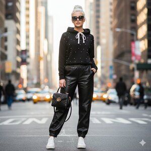 EUC Zara black hooded sweater-like top w/ faux pearl applique accents, S